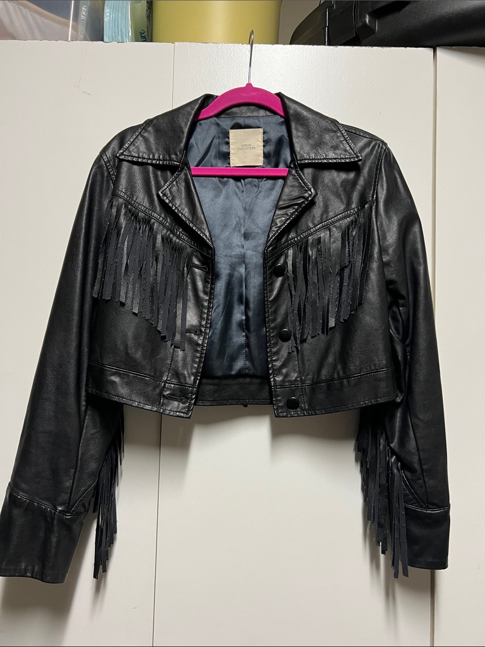 Urban Outfitters Black Cropped Fringe Leather Jacket